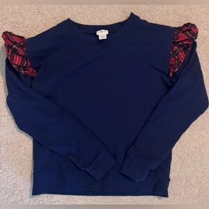Navy Sweatshirt with Plaid Ruffle